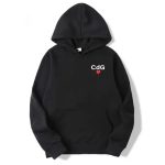 Black CDG Hoodie front view with heart logo