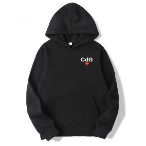 Black CDG Hoodie front view with heart logo