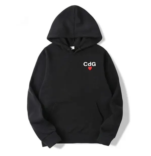 Black CDG Hoodie Front Side Black CDG Hoodie front view with heart logo