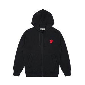 Black CDG Hoodie Zip Up – Double Heart front view with logo