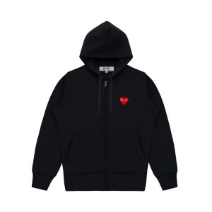 CDG Hoodie Zip Up Single Heart – Black front view