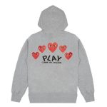 CDG Play Grey Multi Logo Zip Hoodie front view with multi heart logos
