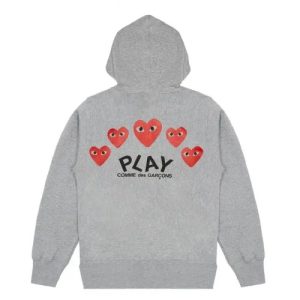 CDG Play Grey Multi Logo Zip Hoodie front view with multi heart logos