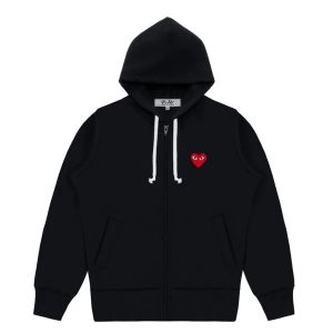 CDG Play Heart Logo Zip-Up Hoodie front view with red stitched heart logo