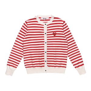 CDG Women’s White & Red Striped Round-Neck Cardigan front view