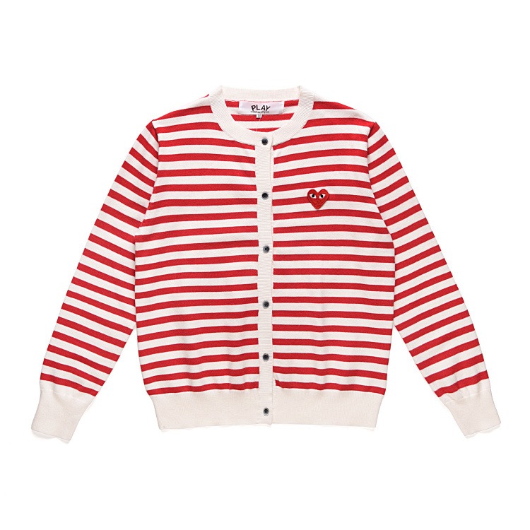 CDG Women’s White & Red Striped Round-Neck Cardigan Front CDG Women’s White & Red Striped Round-Neck Cardigan front view