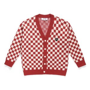CDG Red Checkered Cardigan front view with heart logo