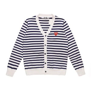 CDG Men’s White & Blue Striped V-Neck Cardigan front view