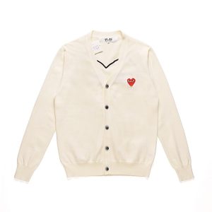 CDG Men’s Red Heart V-Neck Cardigan (Off-White) front view with red heart logo