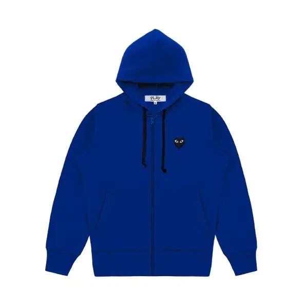 CDG Blue Heart Hoodie Front CDG Zip up Hoodie With Large Heart Blue Front