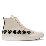 CDG Converse Multi Hearts High Top Beige front view with red heart logos