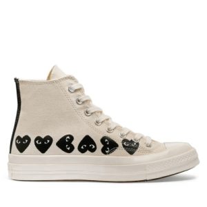 CDG Converse Multi Hearts High Top Beige front view with red heart logos