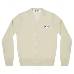 CDG Mens Cardigan Natural Series Off White front view with heart logo