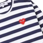 CDG PLAY Rhinestone Heart Striped L/S Tee (White/Navy) - Image 2