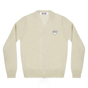 CDG PLAY V-Neck Men’s Cardigan White Heart Natural Series Off White front view