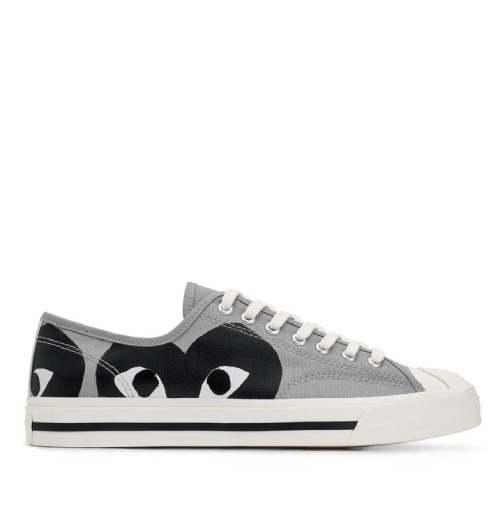 CDG Play Converse Low Top Black Heart Jack Purcell Sneakers Front CDG Play Converse Low Top Black Heart Jack Purcell Sneakers front view black heart logo