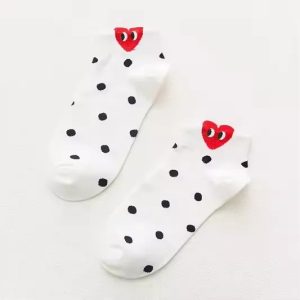 CDG Play Dot White Black Socks front view with heart logo