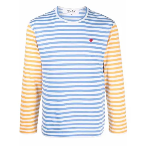 CDG-Play-Embroidered-Logo-Striped-Long-Sleeve-Blue-Yellow-Tee.webp CDG Play Embroidered Logo Striped Tee Blue/Yellow - Image 1