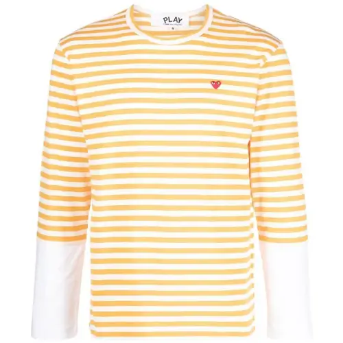 CDG-Play-Embroidered-Logo-Striped-Long-Sleeve-Tee-White-Yellow.webp CDG Play Embroidered Logo Striped Long-Sleeve Tee White/Yellow - Image 1
