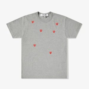 Front view of CDG Play Multi Red Heart Logo T-Shirt Grey