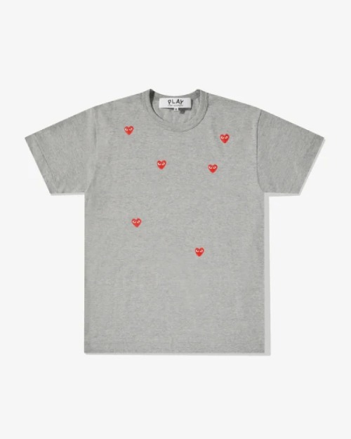 CDG Play Grey Heart Logo T-Shirt Front Front view of CDG Play Multi Red Heart Logo T-Shirt Grey