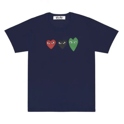CDG Play T-shirt With Red Green Black Hearts Front CDG Play T-shirt With Red/Green/Black Hearts front view
