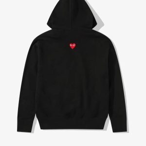 CDG Play Unisex Reverse Red Heart Zip Hooded Sweatshirt Black front view