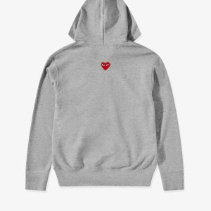 CDG Play Unisex Reverse Red Heart Zip Hooded Sweatshirt Grey front view