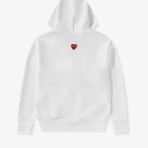 CDG Play Unisex Reverse Red Heart Zip Hooded Sweatshirt White front view