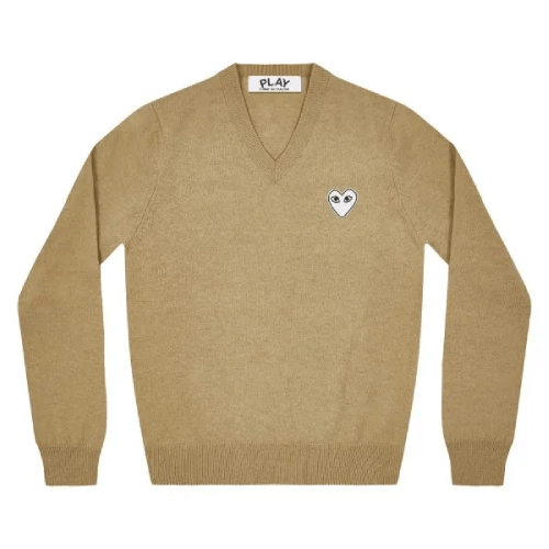 CDG-Play-V-Neck-Pullover-White-Heart-Natural-Series-Camel.png CDG Play V Neck Pullover White Heart Natural Series (Camel) - Image 1