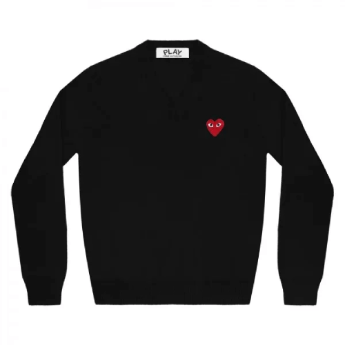 CDG-Play-V-neck-Pullover-Red-Emblem-Black.png CDG Play V-neck Pullover Red Emblem (Black) - Image 1