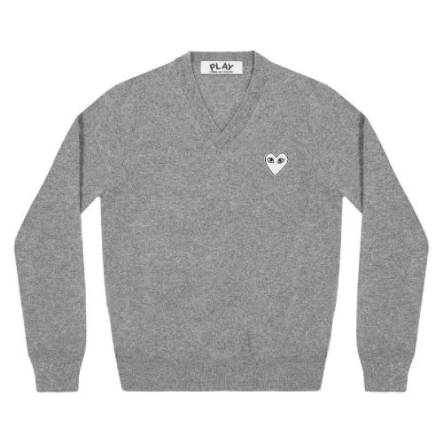 CDG-Play-V-neck-Pullover-White-Heart-Grey.png CDG Play V-neck Pullover White Heart (Grey) - Image 1