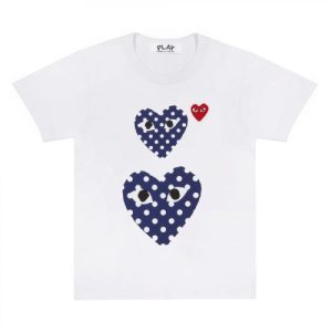 CDG Play White T-Shirt with Polka Dot Printed Small and Big Hearts front view