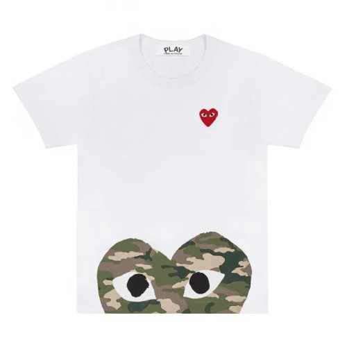 CDG Play White T-shirt With Camo Printed Half Heart Front CDG Play White T-shirt With Camo Printed Half Heart front logo