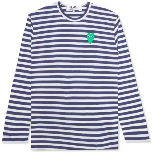 CDG-Play-Womens-Green-Emblem-Striped-LS-Navy-White-T-Shirt.webp CDG Play Women’s Green Emblem Striped L/S Navy/White T-Shirt - Image 1