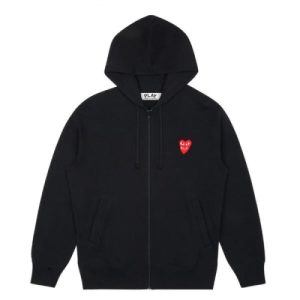 CDG Play Zip Hoodie with Red Family Heart front view black color