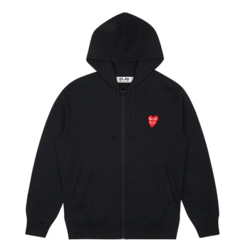 CDG Play Zip Hoodie with Red Family Heart Front CDG Play Zip Hoodie with Red Family Heart front view black color
