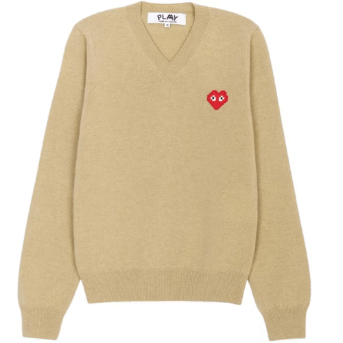 CDG-x-Invader-V-Neck-Pullover-Knitwear-Camel.png CDG x Invader V Neck Pullover Knitwear – Camel - Image 1