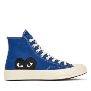 Blue Converse x CDG Chunk 70 High Top front view with heart logo