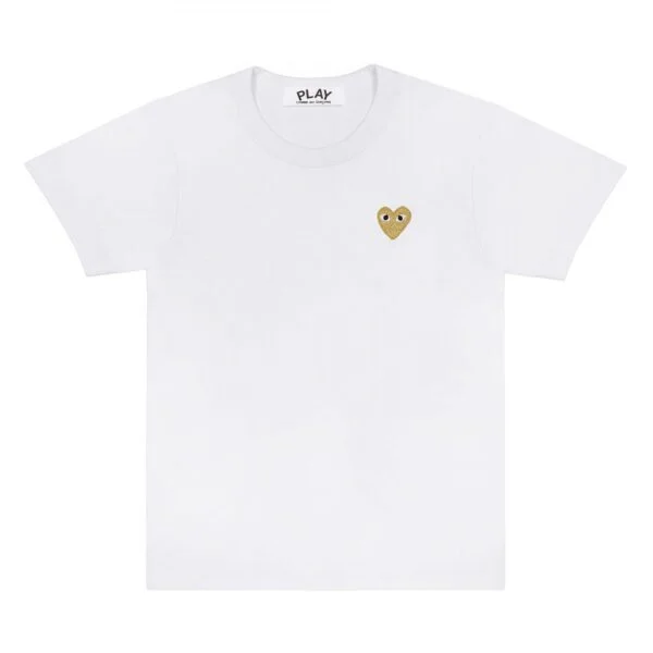 PLAY-BASIC-T-SHIRT-GOLD-EMBLEM-WHITE-600x600-1.webp CDG Play Basic T-Shirt Gold Emblem (White) - Image 1
