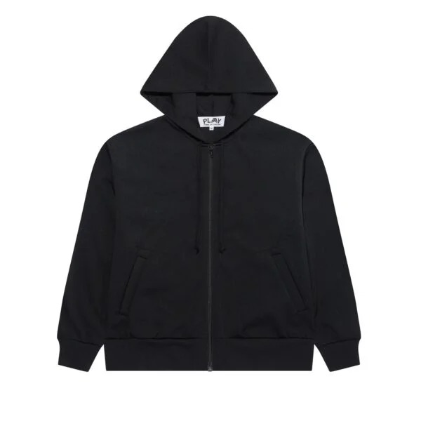 CDG Play Zip Hoodie Black Front CDG Play Zip Hoodie With Red Invader Heart and Blue Emblem (Black) front view