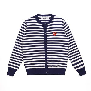 CDG Women’s Blue & White Striped Round-Neck Cardigan front view