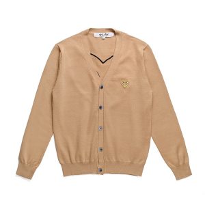 CDG Men’s Khaki V-Neck Cardigan front view with heart logo