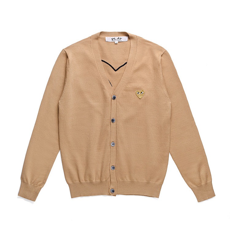 CDG Men’s Khaki V-Neck Cardigan Front CDG Men’s Khaki V-Neck Cardigan front view with heart logo