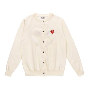 CDG Women’s Red Heart Round-Neck Cardigan (Off-White) front view with red heart logo