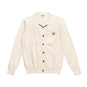 CDG Men’s V-neck Cardigan (Off-white) front view with heart logo