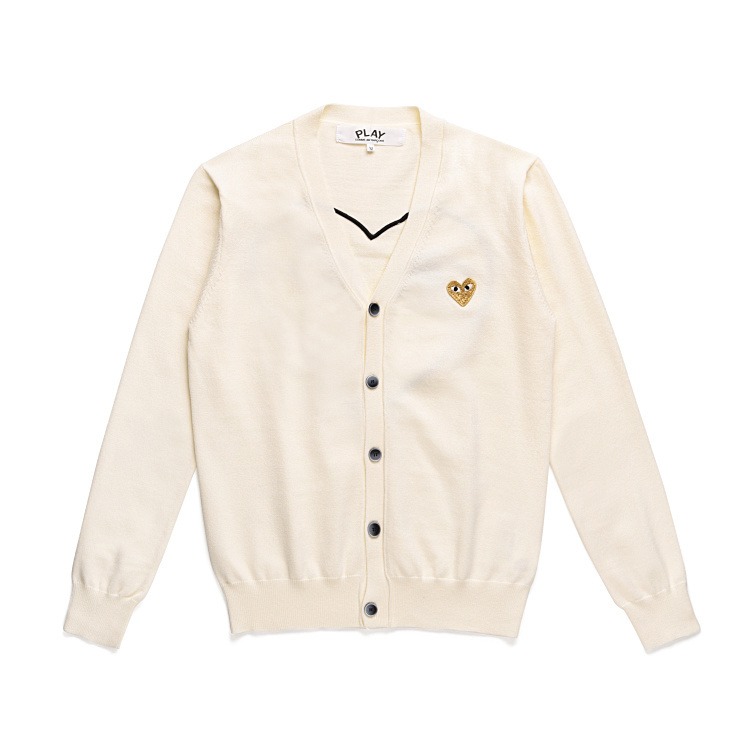 CDG Men’s V-neck Cardigan Off-white Front CDG Men’s V-neck Cardigan (Off-white) front view with heart logo
