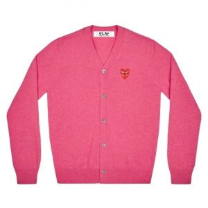 CDG Play Double Heart Logo Cardigan Pink front view