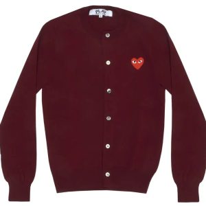 CDG PLAY Women’s Heart Logo Cardigan Burgundy front view